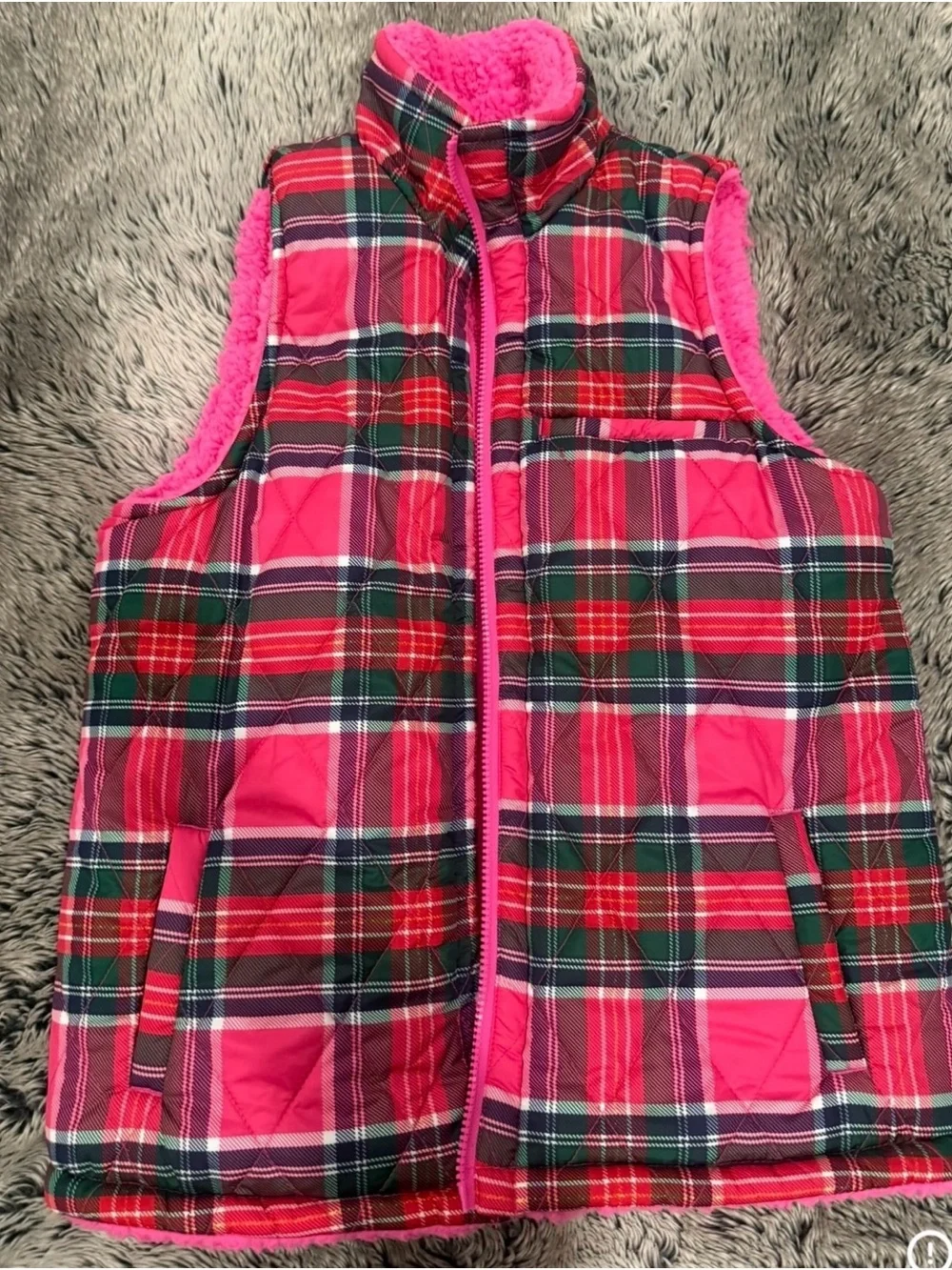 Pink Sherpa Vest with Plaid Trim